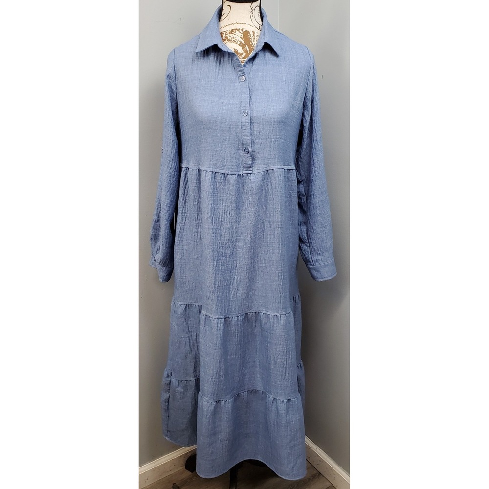 Max Studio Tiered Maxi Shirt Dress Women XL Blue Long Sleeve Collar Button Front